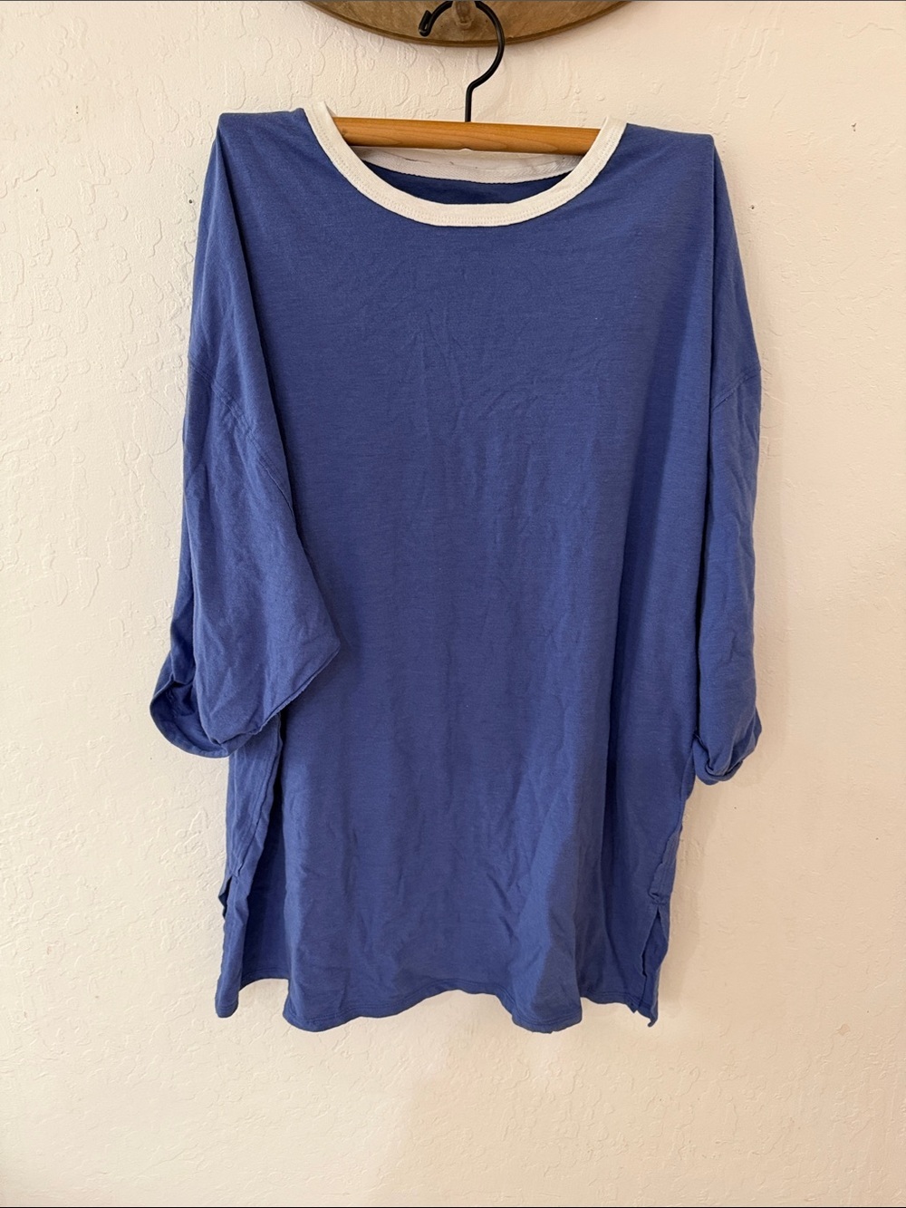 We the free blue white collar trim side slit roll sleeve oversized Tee s